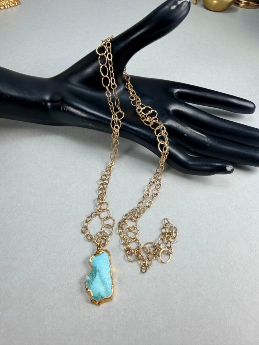 14K Gold Filled Turquoise Slice Pendant Long Necklace Boho Statement - Picture 7 of 8